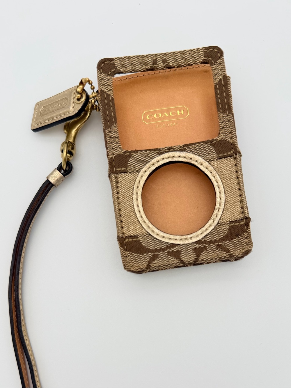 Coach iPod Nano Holder Brown Signature Canvas Leather Wristlet with Strap Brass